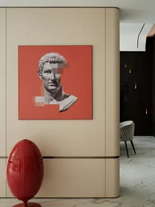 Modern art piece featuring a concrete wall with abstract design on a red background.