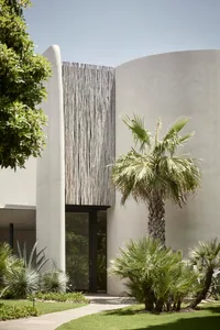 Modern architectural entrance featuring concrete walls and a wooden screen.