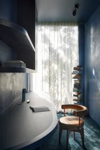 A well-lit, minimalist home office with a large window, modern wood desk, and comfortable chair.