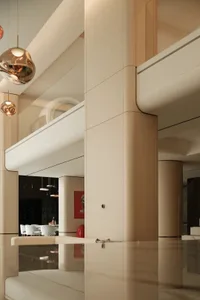 Modern residential interior featuring wood, glass, and metal materials.