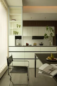 Modern kitchen with white cabinets, black countertop, and a ceiling shelf displaying green glassware.
