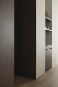 A modern, minimalist hallway with wooden walls and a sleek design.
