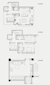 Floor plans of a modern residential layout with ceramic tiles, wood finishes, and contemporary furniture.