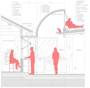 Detailed architectural plan of an apartment with metal structures, glass windows, and wooden elements.