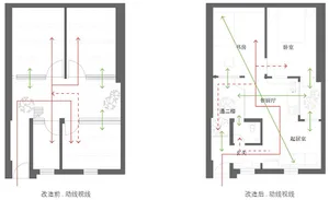 Floor plan showing a home renovation layout with before and after designs.