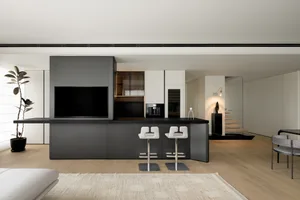 A modern kitchen with dark grey cabinets and a sleek black countertop, featuring integrated appliances and minimalist design.