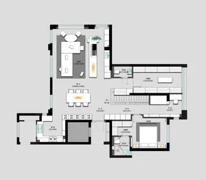 2D architectural plan of a modern residential layout featuring concrete floors and glass doors.