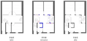 3 architectural diagrams depicting a house's floor plan in three different stages of remodeling.