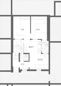 Floor plan of a modern apartment layout with living room, kitchen, bedroom, and bathroom.