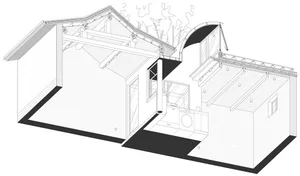 Cross-sectional diagram of a modern industrial building with metal and concrete structural elements, glass windows, and indus