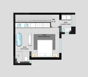 Floor plan of a modern master bedroom suite including a bed, bathroom, and laundry room.