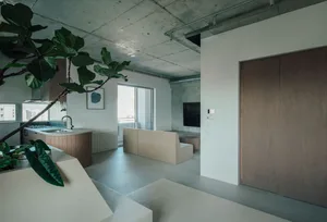 A minimalist residential space featuring concrete elements.
