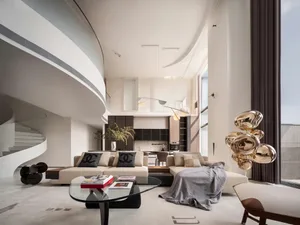 Modern living room with an open-plan design featuring neutral tones and materials.