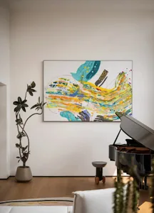 A modern living room with colorful abstract painting on the wall, piano, and potted plant.