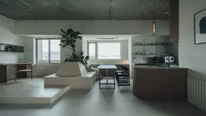 A modern minimalist living area with a concrete and wooden design, featuring a plant, a woman sitting on a couch, and a kitch
