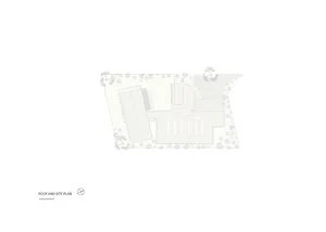 A black and white architectural drawing depicting a roof and site plan.