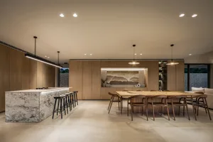Contemporary residential kitchen with minimalist design, featuring sleek wood finishes and natural light.
