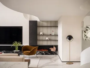 Modern living room featuring marble flooring, wooden furniture, metal accents, and glass elements.