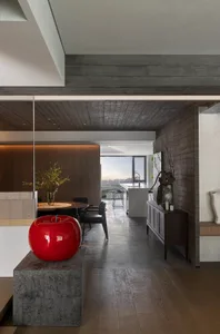 A modern residential kitchen featuring wood elements and a sleek design.
