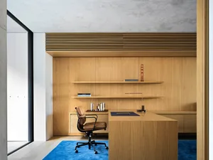 A modern minimalist home office with wood finishes, featuring a built-in desk, shelves, and a blue rug.