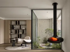 Minimalist living room featuring wood, concrete, and glass elements.