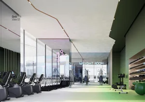 Modern gym interior with concrete flooring and minimalist design.