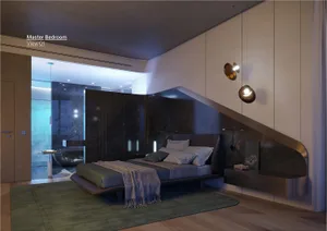 Modern master bedroom featuring marble finishes, a comfortable bed, and a sleek, minimalist design.