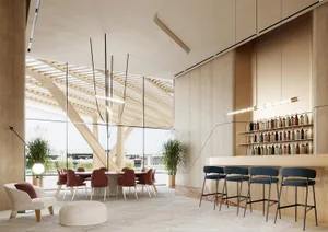 A modern restaurant bar featuring concrete, wood, and marble materials.