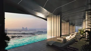 Modern, sleek lounge area with a metal structure and a scenic view of a cityscape.