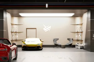A modern car showroom interior featuring metal, wood, and concrete materials.