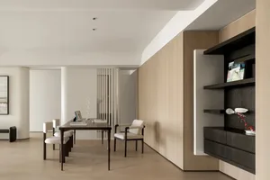 A modern living room featuring wooden furniture and a wooden floor.