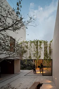 A modern minimalist entrance featuring concrete and glass materials.