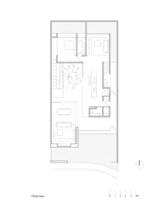 Floor plan of a modern residential layout featuring an open staircase and outdoor terraces.
