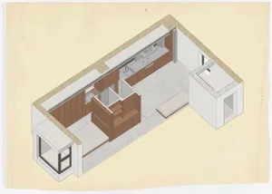 A modern minimalist residential kitchen with wooden cabinets and a stainless steel sink.