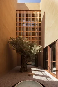 A modern architectural interior with concrete walls and a courtyard featuring a large tree and water feature.