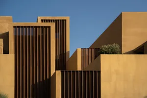 Modern architecture with concrete walls and vertical wooden slats