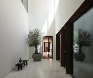 Modern, minimalist hallway with concrete walls and flooring, featuring a potted tree and a bench.