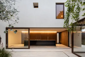 Modern residential kitchen with wooden cabinets and flooring.