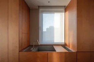 Modern residential kitchen with wooden cabinets, a stainless steel sink, and a window with sheer curtains.