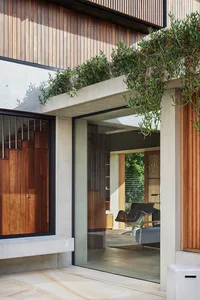 A modern residential entryway featuring concrete, wood, and glass materials, with plants on the overhang.