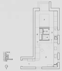 Modern residential layout with kitchen, living room, and bathroom.