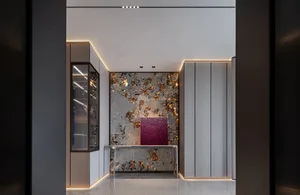 Modern hallway featuring marble and glass surfaces