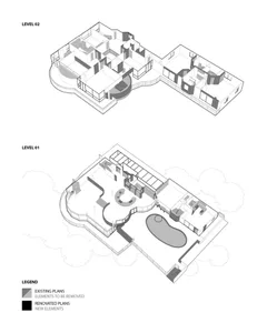 Black and white illustrated plan layout of a modern apartment interior, featuring detailed white sections to emphasize design