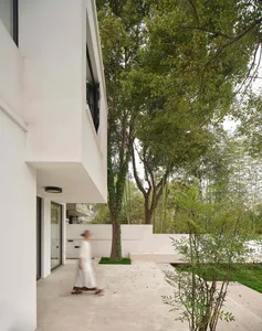 A modern house with a concrete exterior, surrounded by greenery.