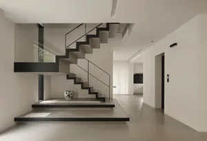 A modern minimalist interior with concrete and glass features. The space showcases clean lines, natural light, and a seamless