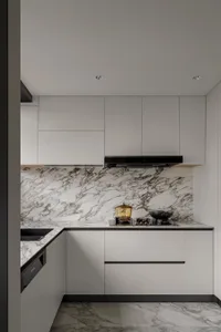 Modern minimalistic kitchen with marble countertops and floors.