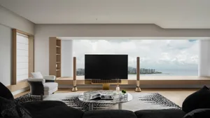 A contemporary living room featuring minimalist design principles with natural wood, sleek marble surfaces, and polished meta