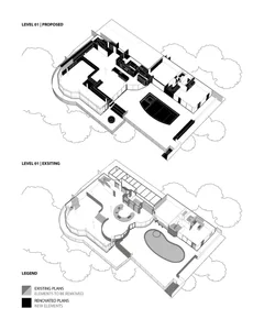 Modern residential floor plan with concrete and steel elements.