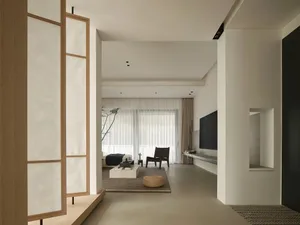 A minimalist living room featuring concrete furniture, wooden accents, and fabric textiles.