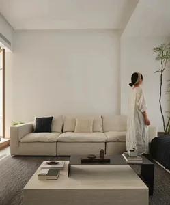 A minimalist living room featuring a beige sofa with natural fiber throw pillows and a contemporary black and beige square co